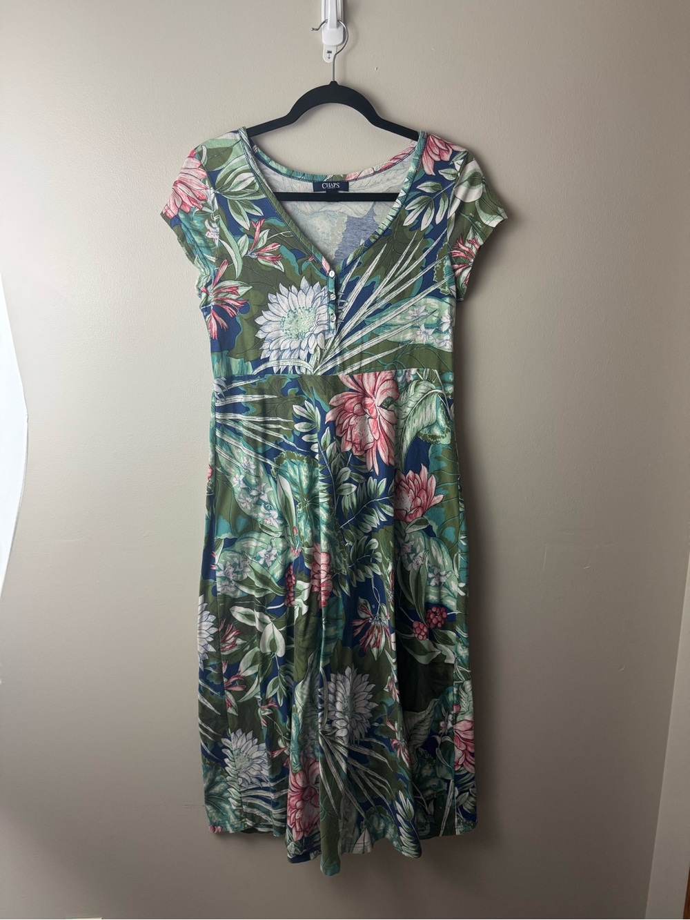 Chaps Green Floral V-Neck Midi Cotton Dress Summer Beach Resort Petite Large